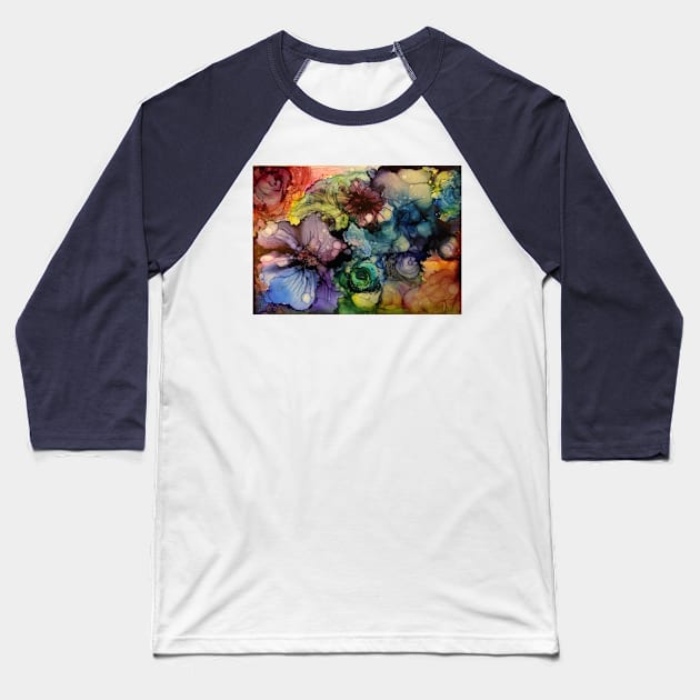 ฺBlooming Alcohol Ink Flowers Baseball T-Shirt by Sleepycircle